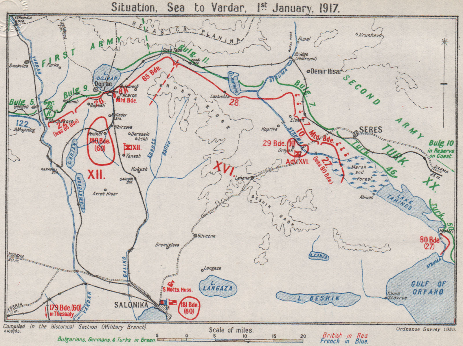 FIRST WORLD WAR. Macedonian front. 1st January 1917. Thessaloniki 1935 old map